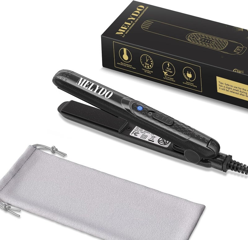 MELYDO Mini Flat Iron, Ceramic Tourmaline Small Hair Straightener for Short Hair/Bangs, Dual Voltage Travel Hair Straightener, Portable Mini Straightener with Storage Pouch(Black) - Image 1